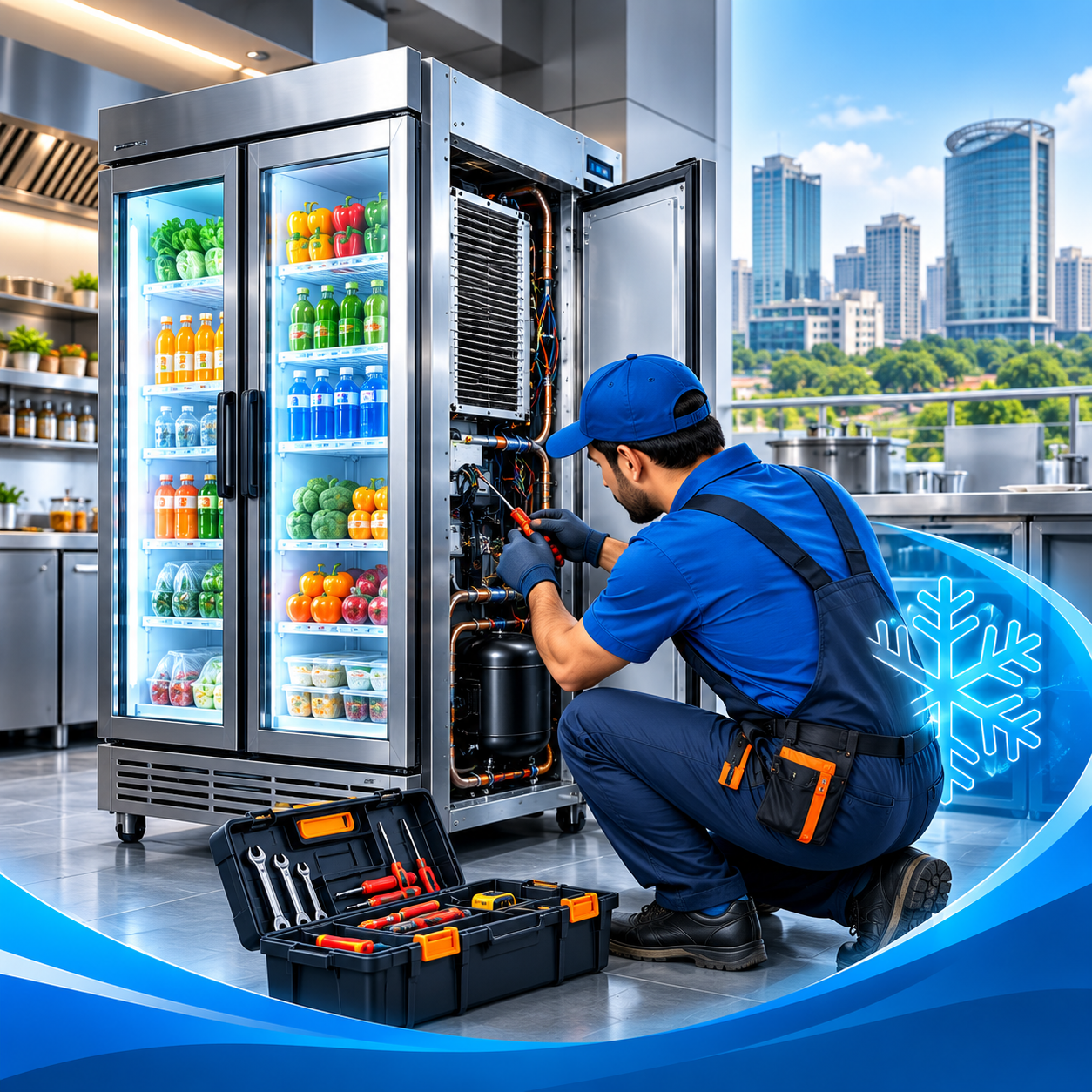 Technician repairing a commercial refrigerator in Noida
